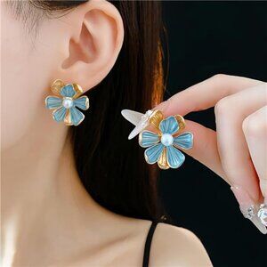 Vintage Flower Earrings | Gold Petals with Blue Accents & Pearl Center